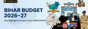 A promotional banner for "PRAGYESH IAS" with the large text "BIHAR BUDGET 2026–27" and "Key Highlights & Exam Focus (BPSC/UPSC)". The background shows a map of Bihar, and the right side features illustrations of an open book with a brain, a hospital, a pie chart, a farmer on a tractor, workers on a road, and a police officer.