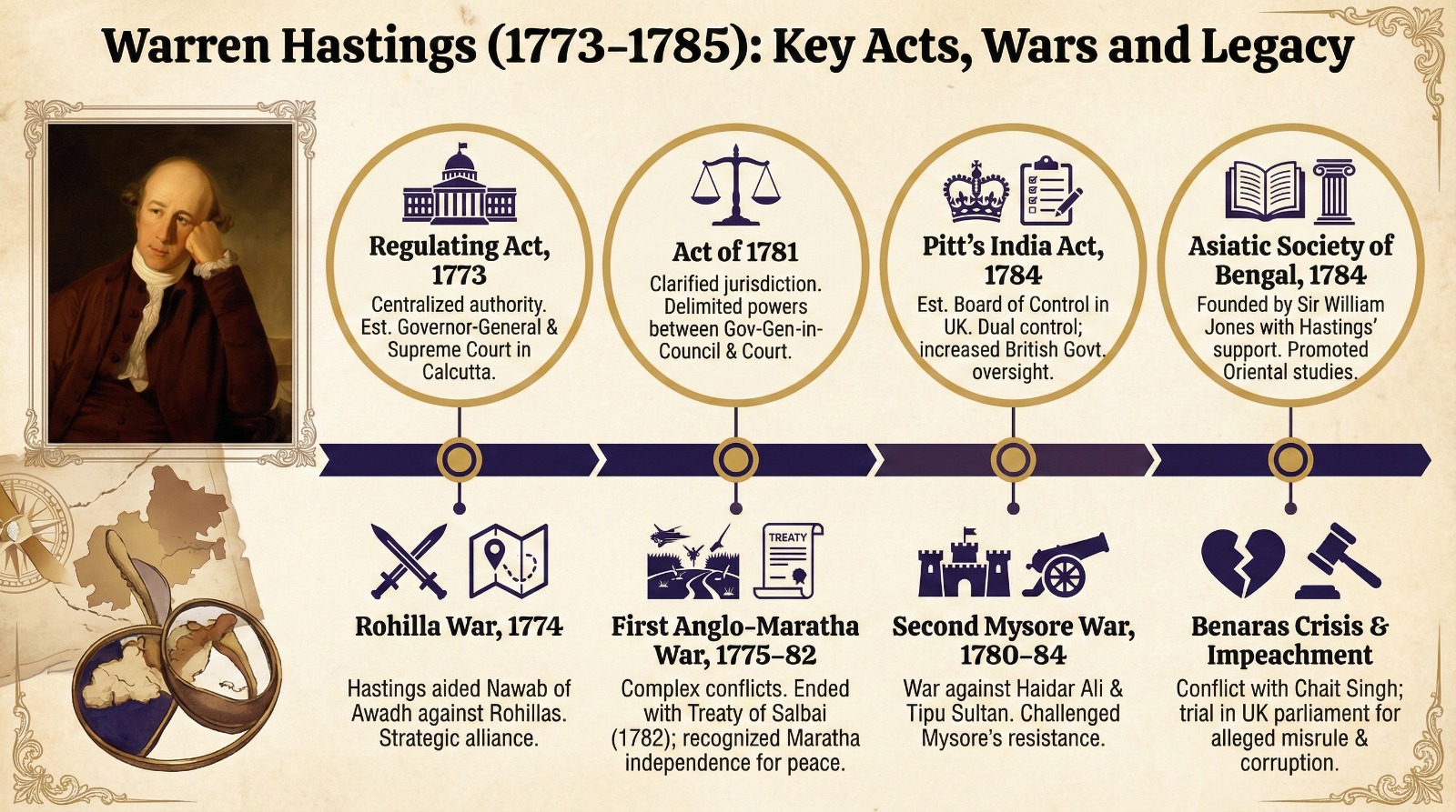 Infographic on Warren Hastings (1773–1785) showing major acts, wars, and legacy, including Regulating Act 1773, Act of 1781, Pitt’s India Act 1784, Asiatic Society of Bengal, Rohilla War, First Anglo-Maratha War, Second Mysore War, and the Benares Crisis with impeachment.