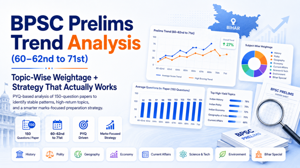 BPSC Prelims Trend Analysis feature image by Pragyesh IAS showing topic-wise weightage, PYQ trends from 60–62nd to 71st, subject analysis, and marks-focused preparation strategy.