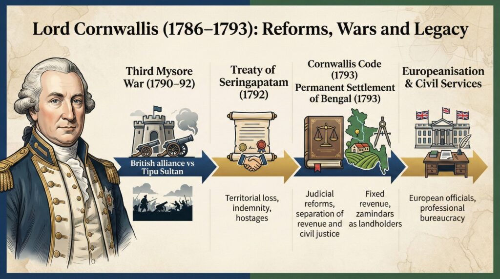 Illustrated timeline of Lord Cornwallis (1786–1793) showing Third Mysore War, Treaty of Seringapatam, Cornwallis Code 1793, Permanent Settlement of Bengal, and Europeanisation of civil services during British rule in India.