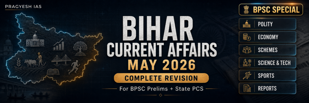 Feature image for Bihar Current Affairs May 2026 for BPSC, showing Bihar map, current affairs topics, complete revision label and BPSC Special exam preparation design. pragyesh ias