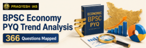 BPSC Economy PYQ Trend Analysis feature image showing Economic BPSC PYQ book, rupee symbol, Bihar map, rising bar chart, growth arrow, donut chart, and magnifying glass for 366-question economy trend mapping.