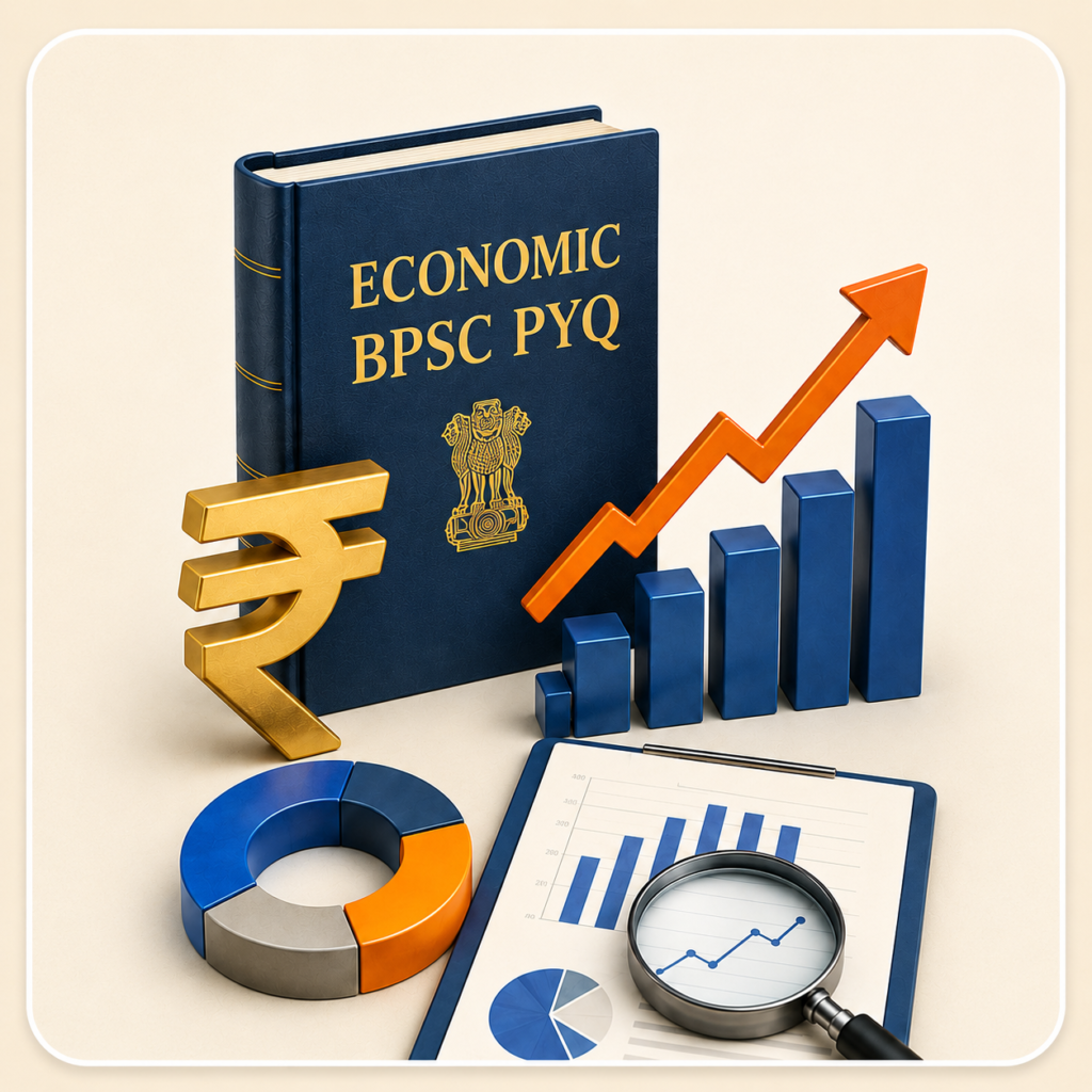 Premium square infographic for BPSC Economy PYQ Trend Analysis featuring an Economic BPSC PYQ book, Indian rupee symbol, rising bar chart, growth arrow, donut chart, clipboard analytics report, and magnifying glass representing economy trend analysis and exam preparation.
