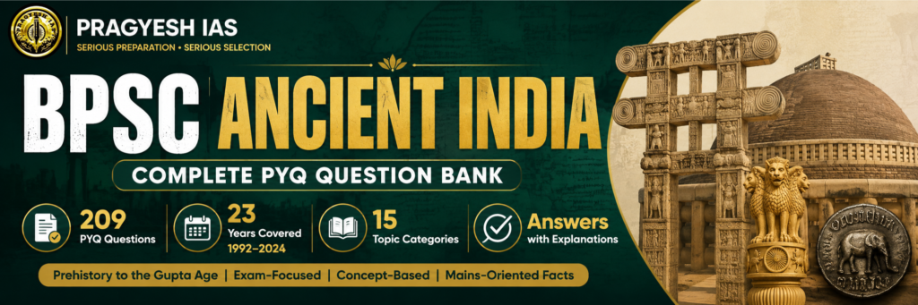 BPSC Ancient India complete PYQ question bank with 209 questions, 15 topic categories and explained answers