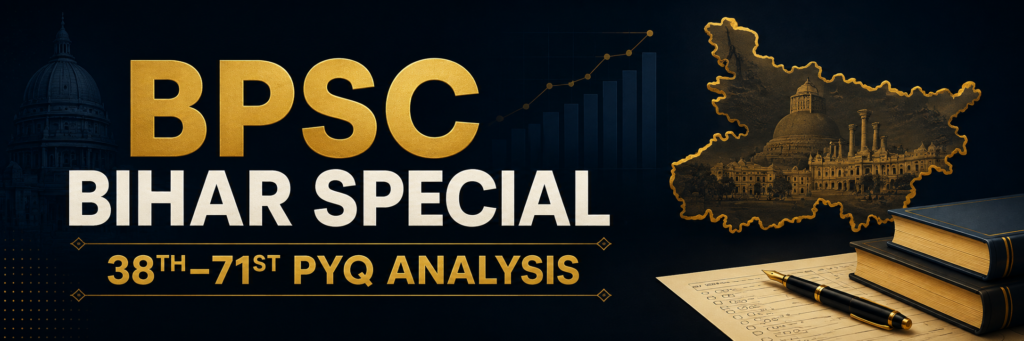 BPSC Bihar Special 38th–71st PYQ Analysis feature image with Bihar map, exam trend graph and study elements