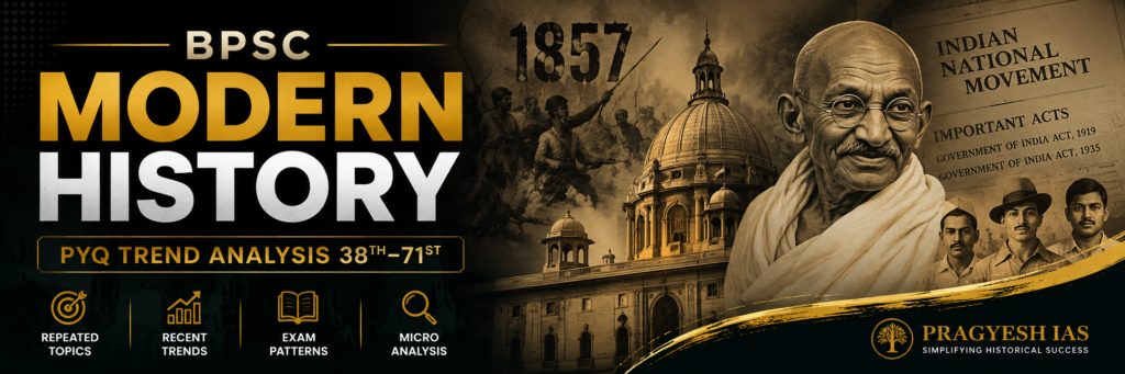 BPSC Modern History PYQ trend analysis from 38th to 71st with 1857, national movement and important Acts