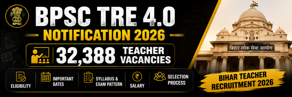 BPSC TRE 4.0 Notification 2026 for 32,388 teacher vacancies in Bihar with eligibility, important dates, syllabus, exam pattern, salary and selection process.