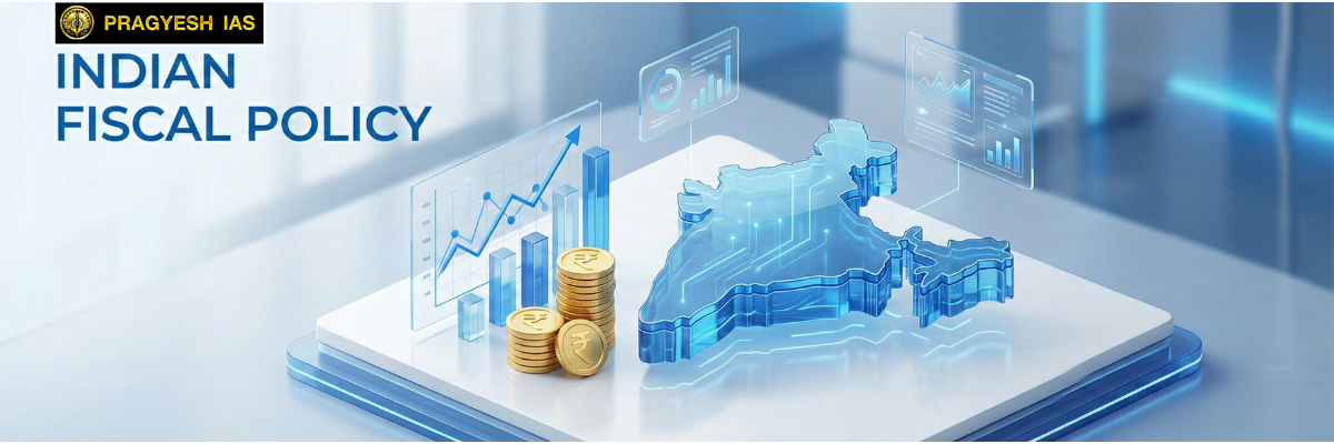 Professional 3D isometric illustration of India’s fiscal policy for the 16th Finance Commission (2026–31), featuring a glass-textured India map, Rupee coin stacks, and growth charts, branded for Pragyesh IAS.